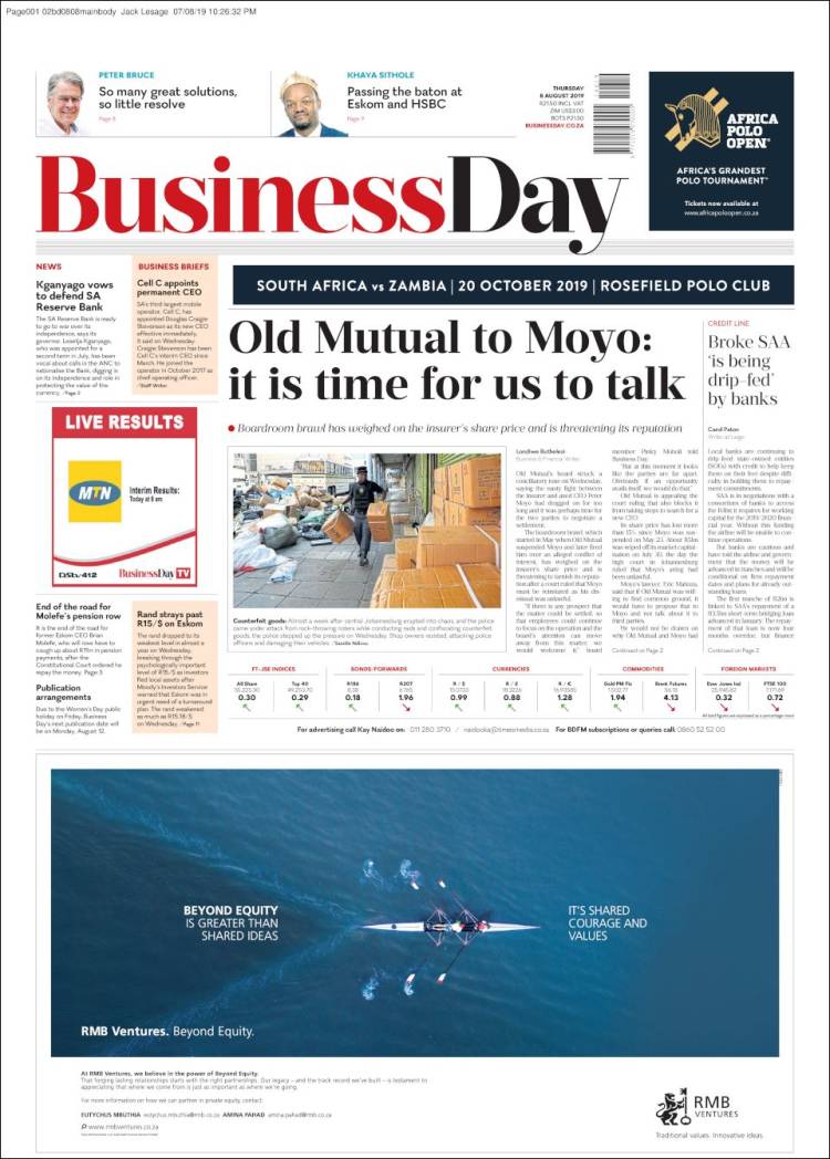 Portada de Business Day (Sud&aacute;frica)