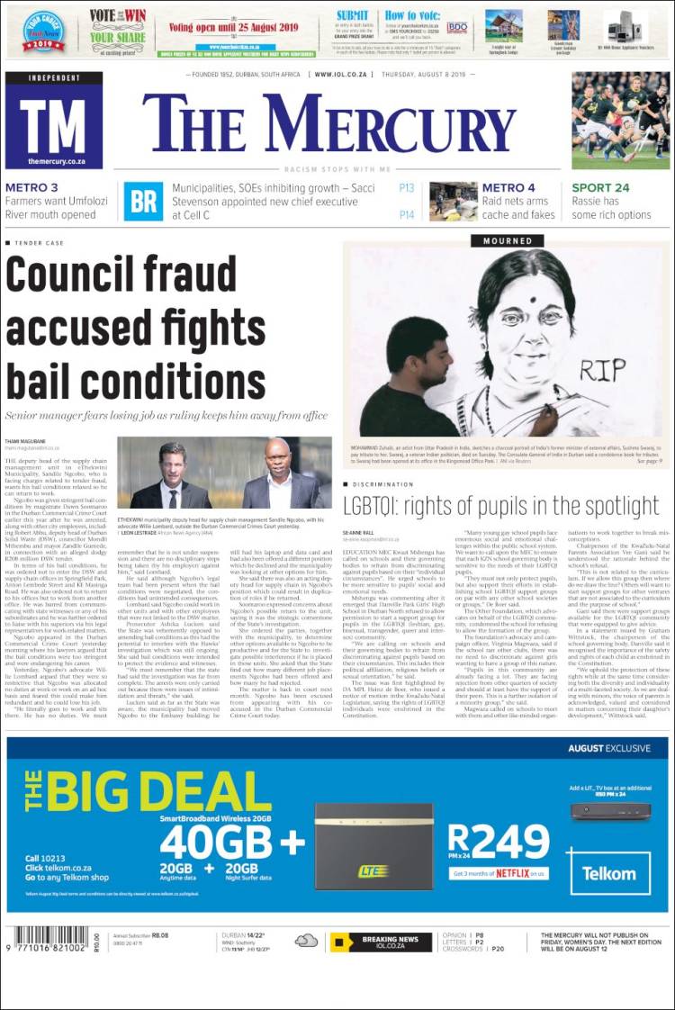 Portada de The Mercury (Sud&aacute;frica)