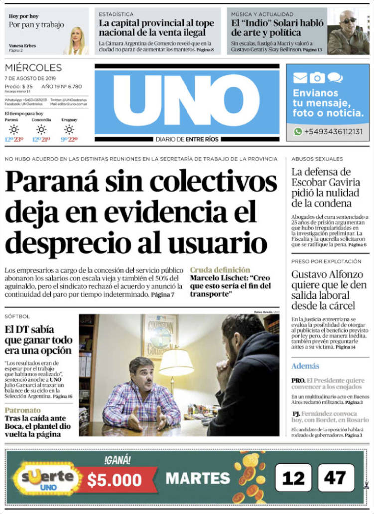 Portada de Diario Uno de Entre Ríos (Argentina)