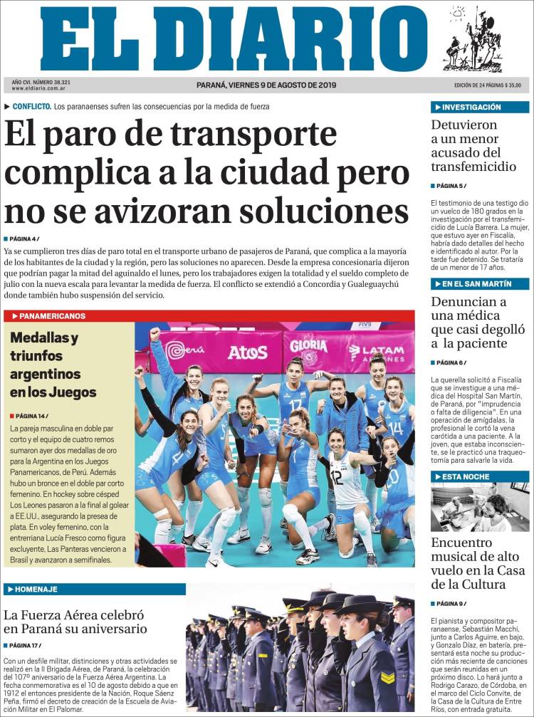 Portada de El Diario de Paraná (Argentina)