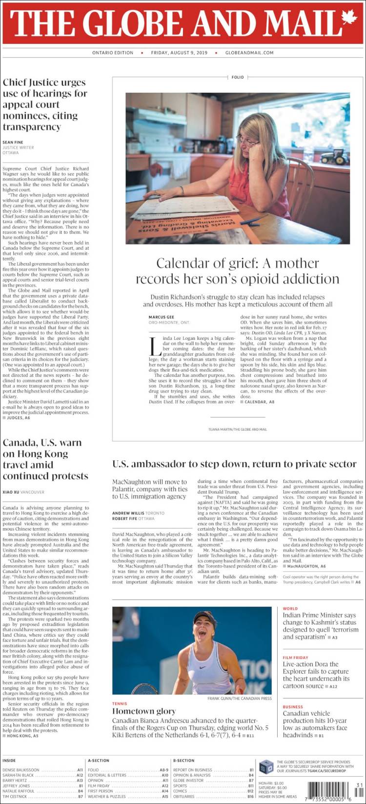 Portada de The Globe and Mail (Canada)