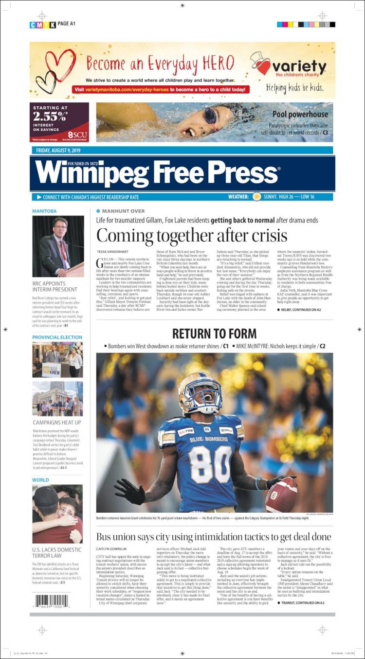 Portada de Winnipeg Free Press (Canadá)