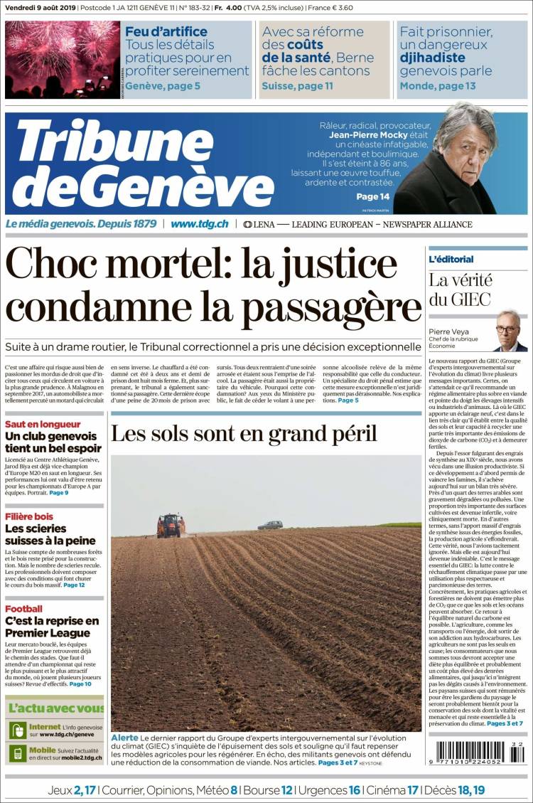 Portada de La Tribune de Genève (Suiza)