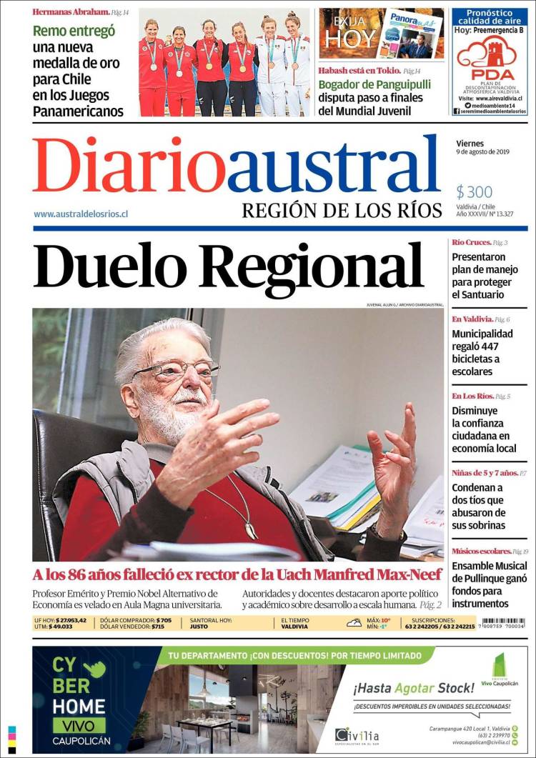 Portada de El Diario Austral de Valdivia (Chile)