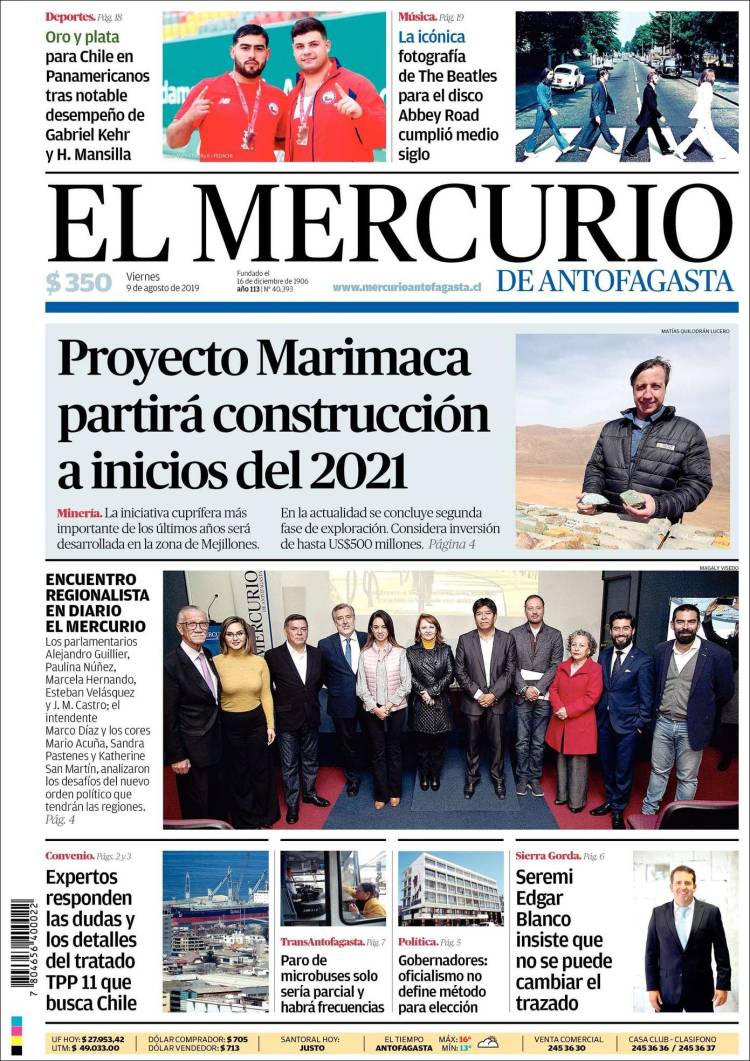Portada de El Mercurio de Antofagasta (Chile)
