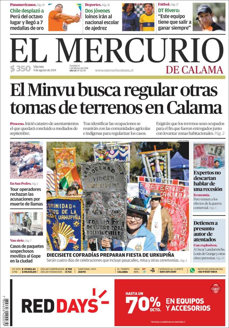 Portada de El Mercurio - Calama (Chile)