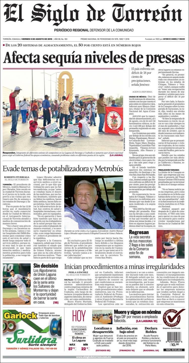 Portada de El Siglo de Torreon (M&eacute;xico)