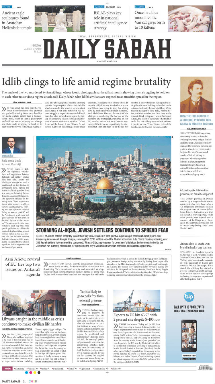 Portada de Daily Sabah (Turqu&iacute;a)