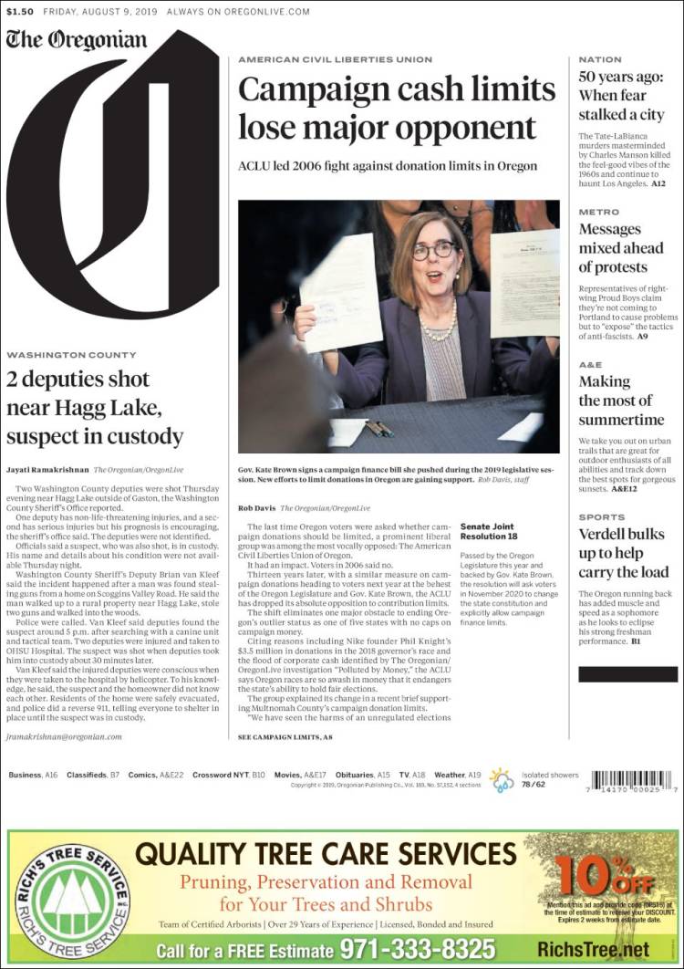 Portada de The Oregonian (USA)