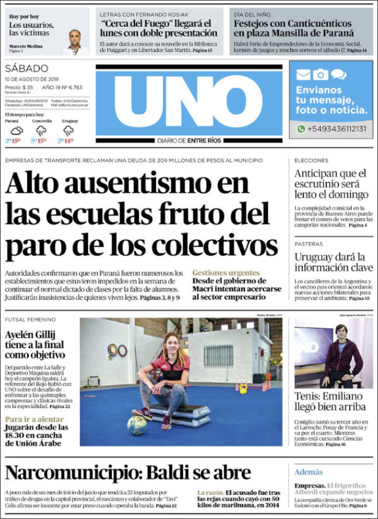 Portada de Diario Uno de Entre Ríos (Argentina)