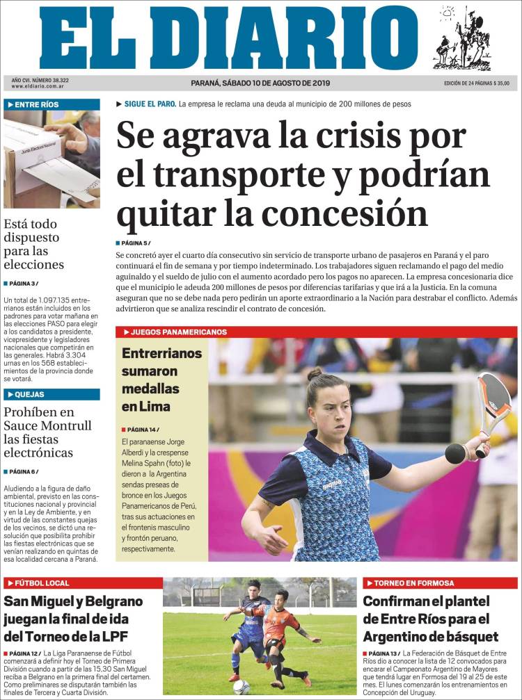 Portada de El Diario de Paraná (Argentina)