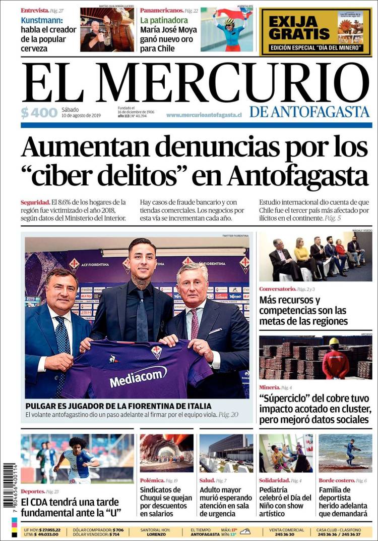 Portada de El Mercurio de Antofagasta (Chile)