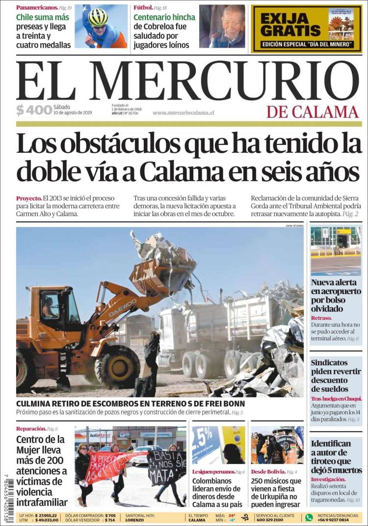Portada de El Mercurio - Calama (Chile)