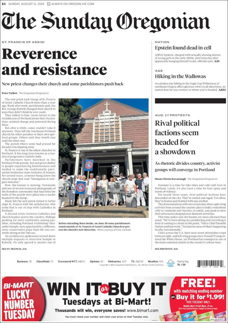 Portada de The Oregonian (USA)