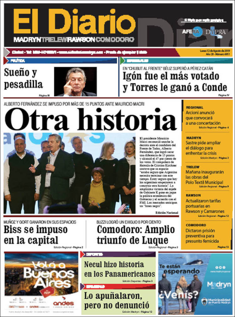 Portada de El Diario de Madryn (Argentina)
