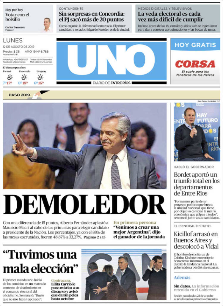 Portada de Diario Uno de Entre Ríos (Argentina)