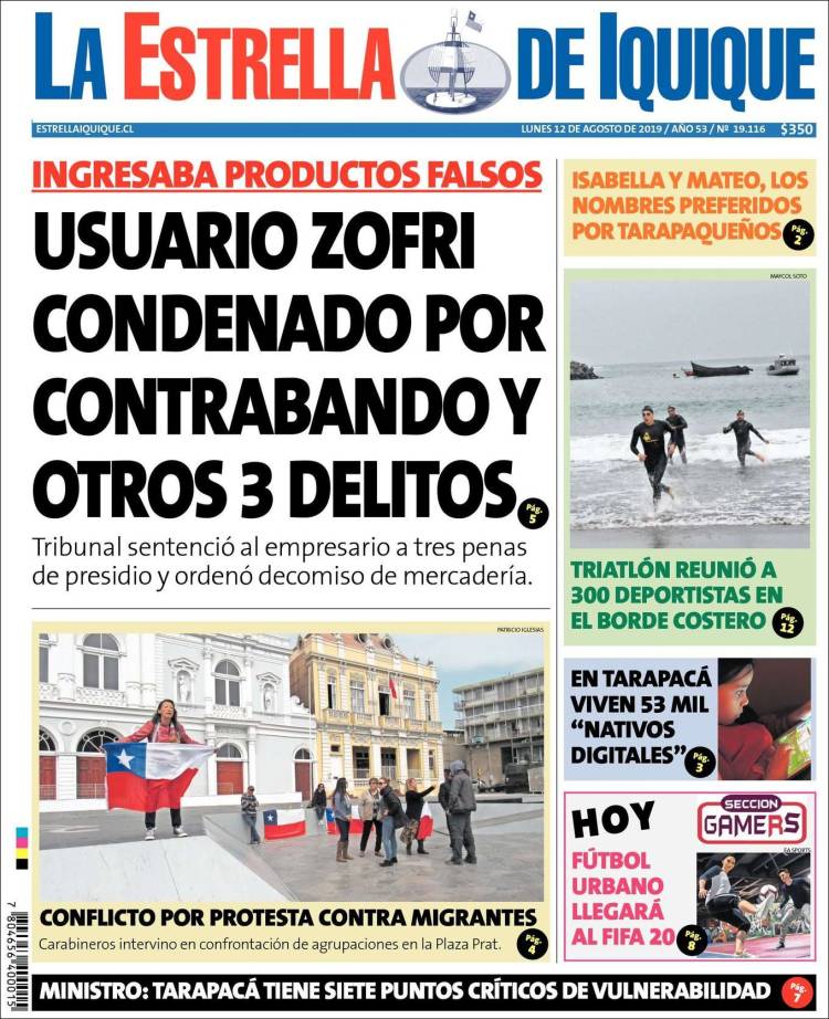Portada de La Estrella de Iquique (Chile)