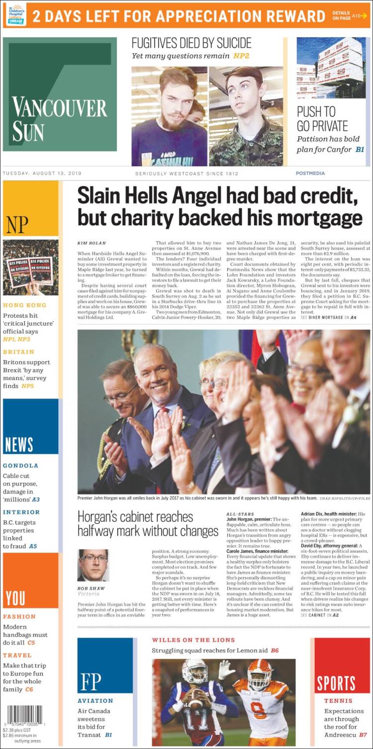 Portada de The Vancouver Sun (Canada)