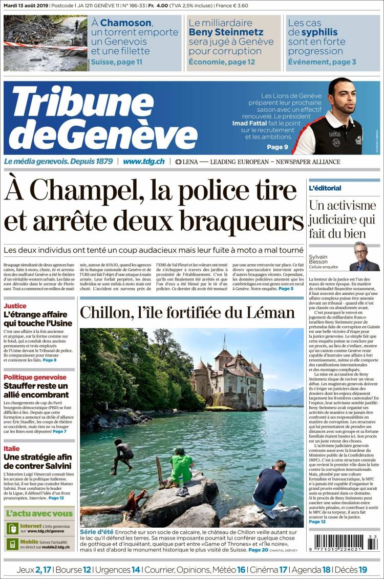 Portada de La Tribune de Genève (Suiza)