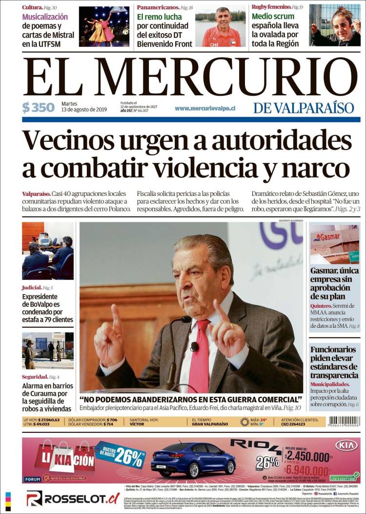 Portada de Mercurio de Valparaiso (Chile)