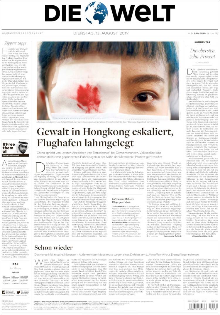 Portada de Die Welt (Alemania)