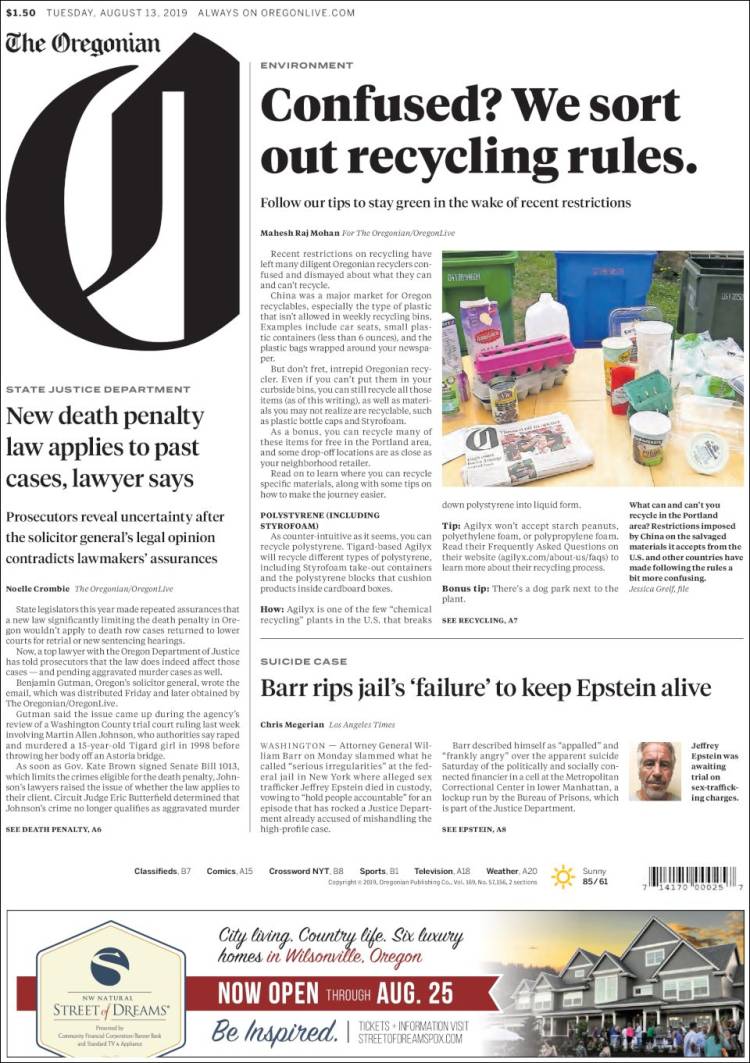 Portada de The Oregonian (États-Unis)