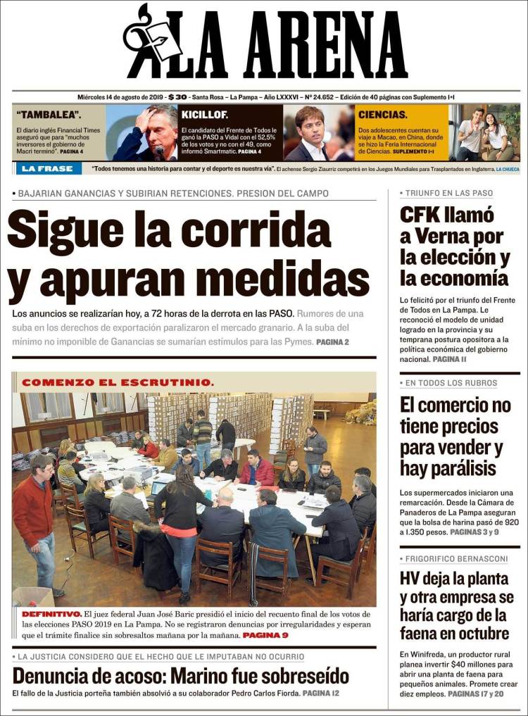 Portada de Diario La Arena (Argentina)