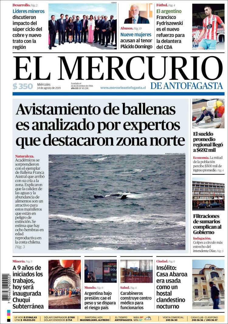 Portada de El Mercurio de Antofagasta (Chile)
