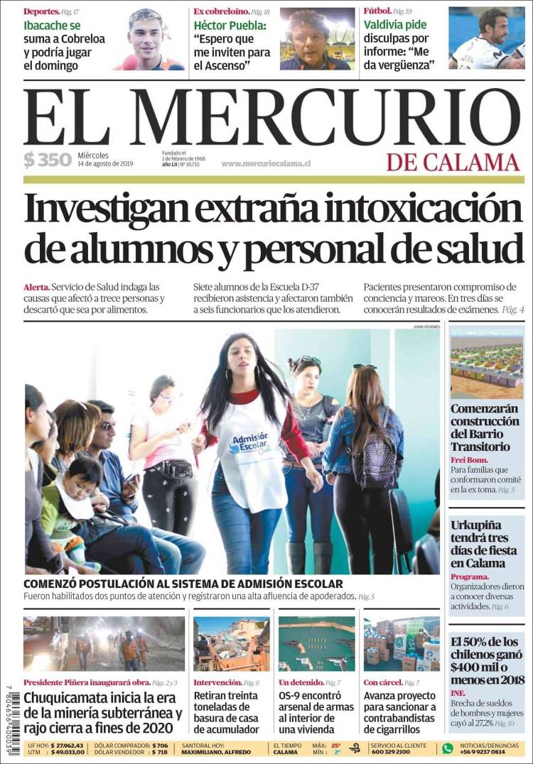 Portada de El Mercurio - Calama (Chile)