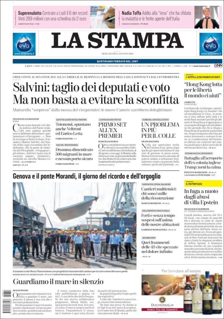 Portada de La Stampa (Italy)