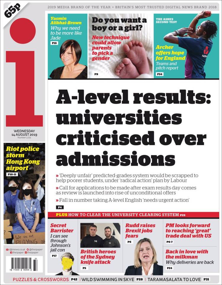 Portada de The i (Reino Unido)