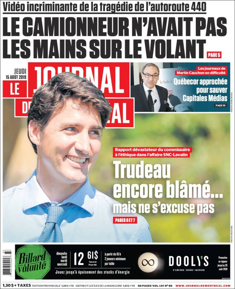 Portada de Le Journal de Montréal (Canadá)