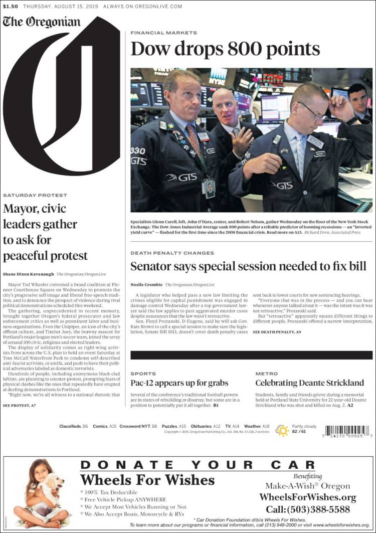 Portada de The Oregonian (USA)