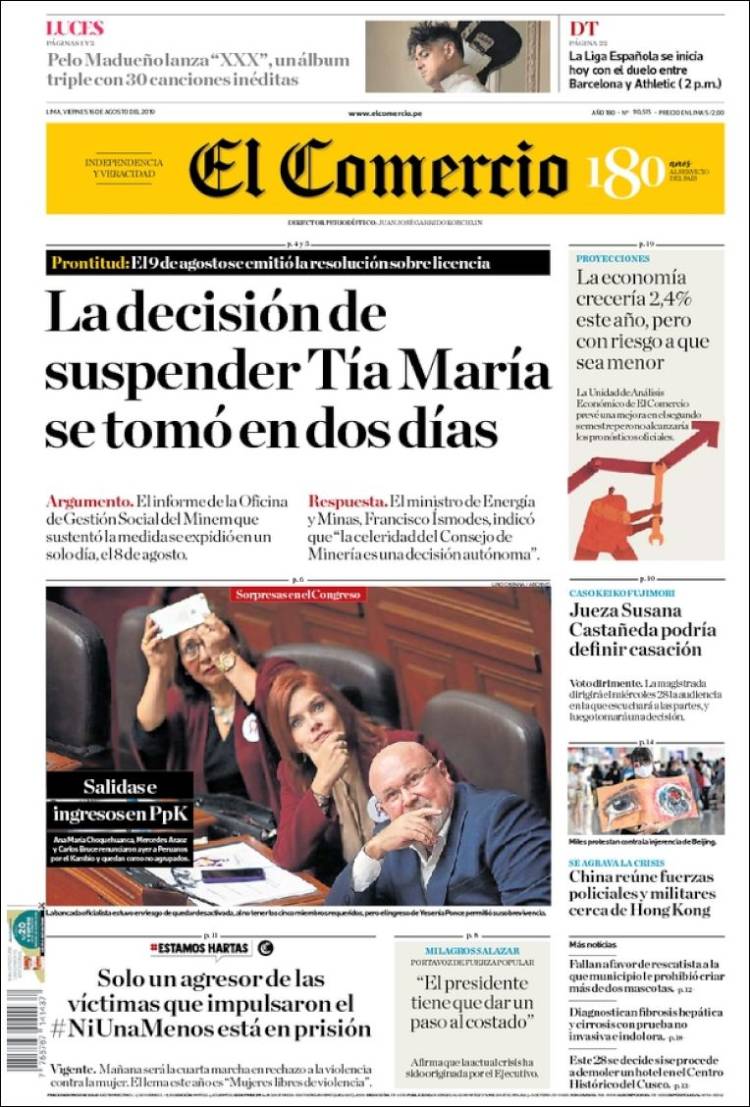 Portada de El Comercio (Per&uacute;)
