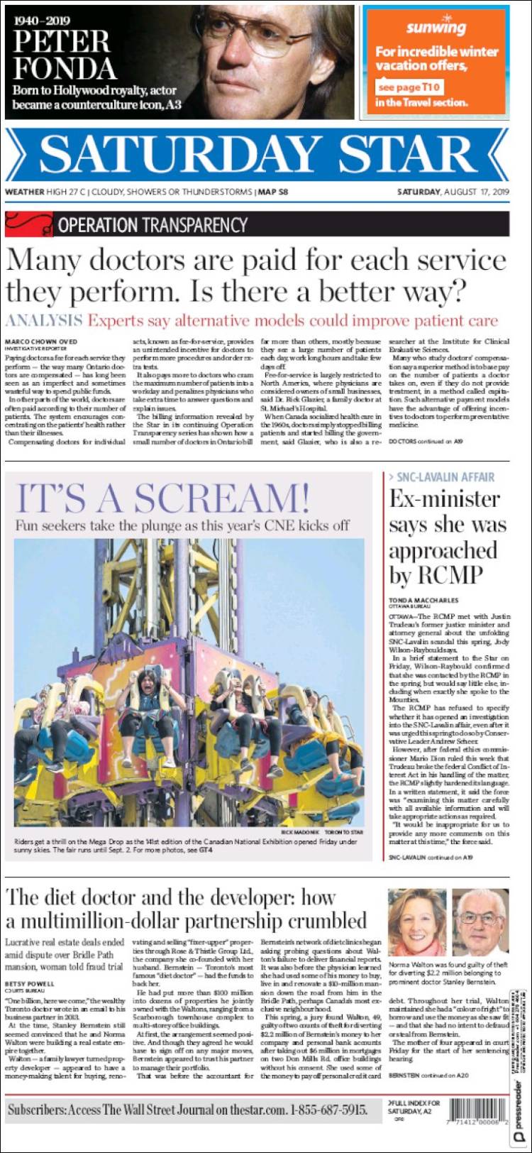 Portada de The Toronto Star (Canadá)