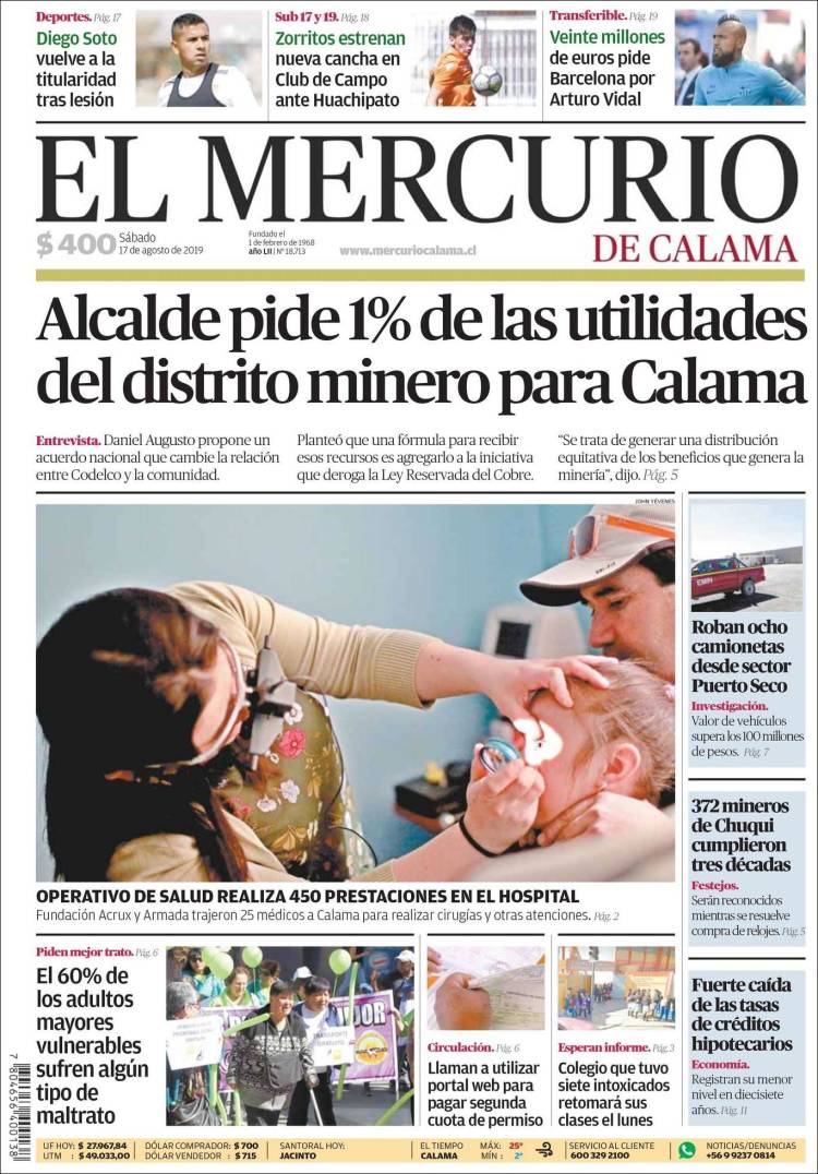 Portada de El Mercurio - Calama (Chile)