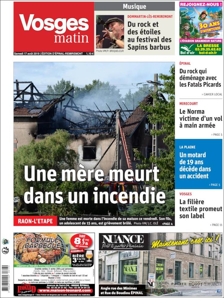 Portada de Vosges Matin (Francia)