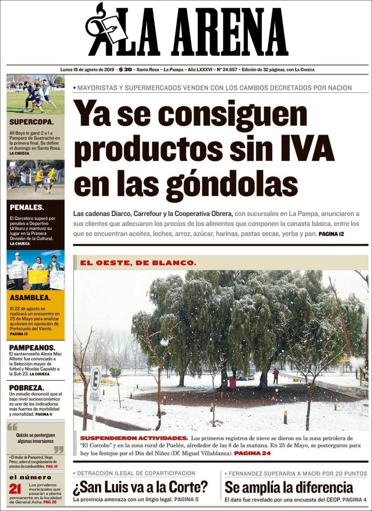 Portada de Diario La Arena (Argentina)