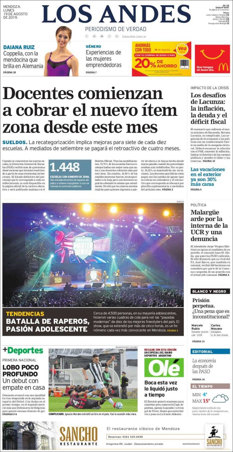 Portada de Los Andes - Mendoza (Argentina)