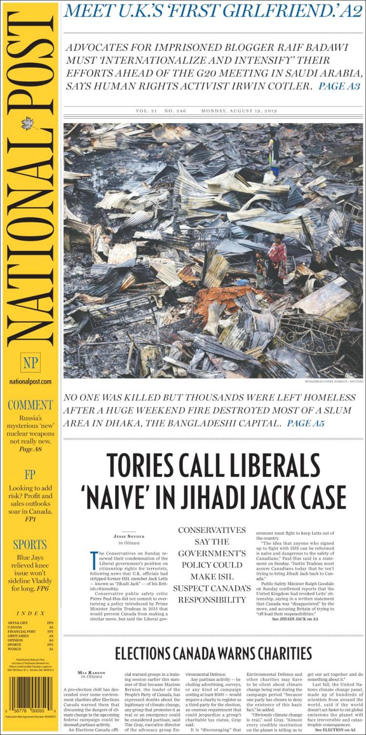 Portada de The National Post (Canadá)