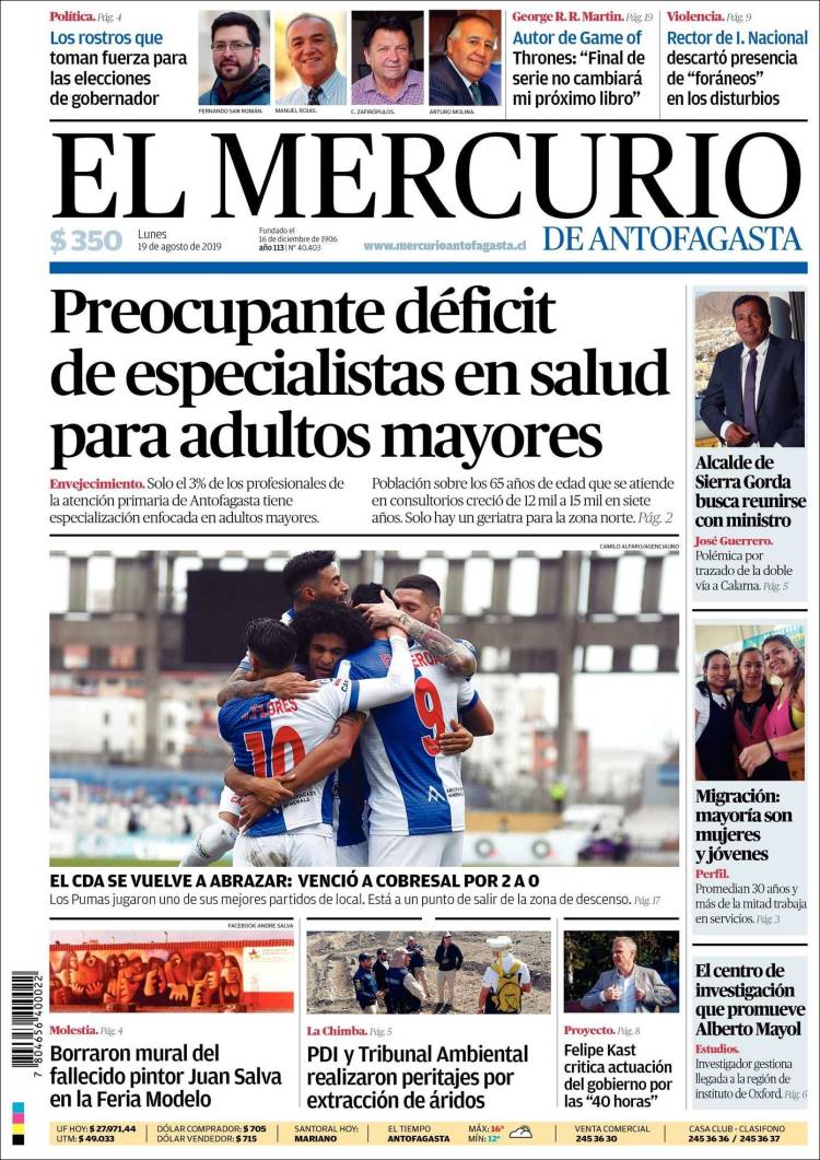 Portada de El Mercurio de Antofagasta (Chile)