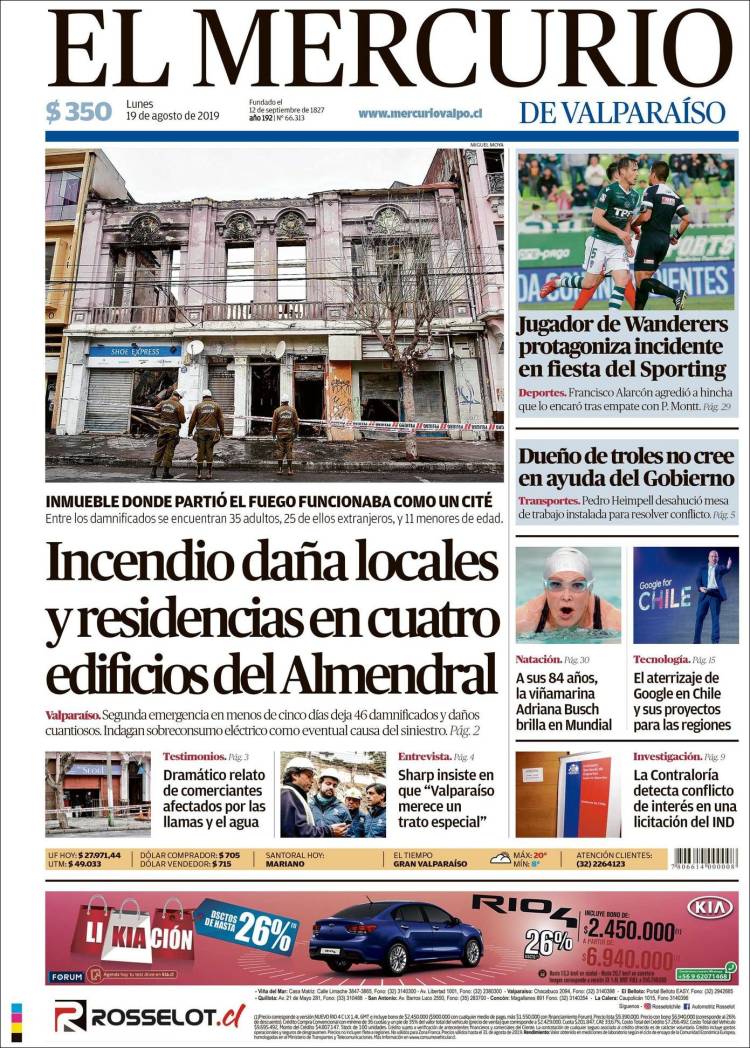 Portada de Mercurio de Valparaiso (Chile)
