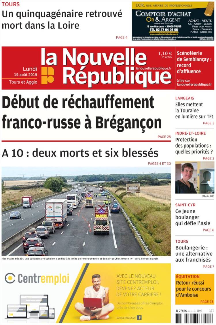 Portada de La Nouvelle Republique (Francia)