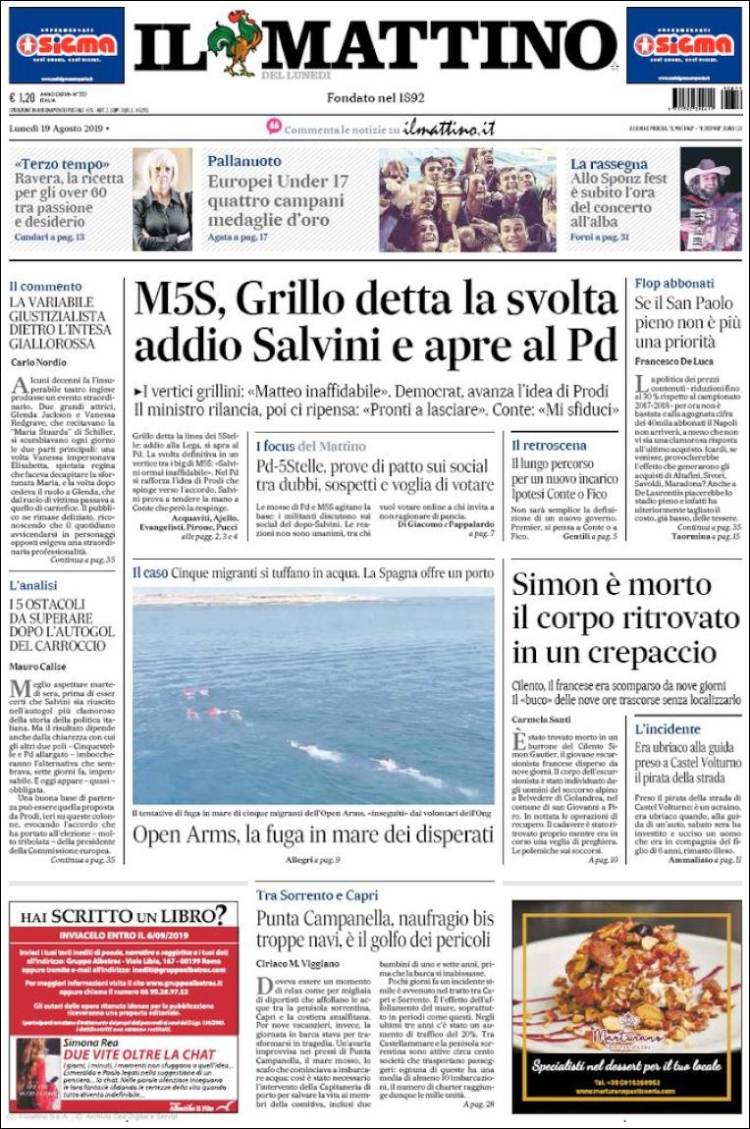 Portada de Il Mattino (Italia)