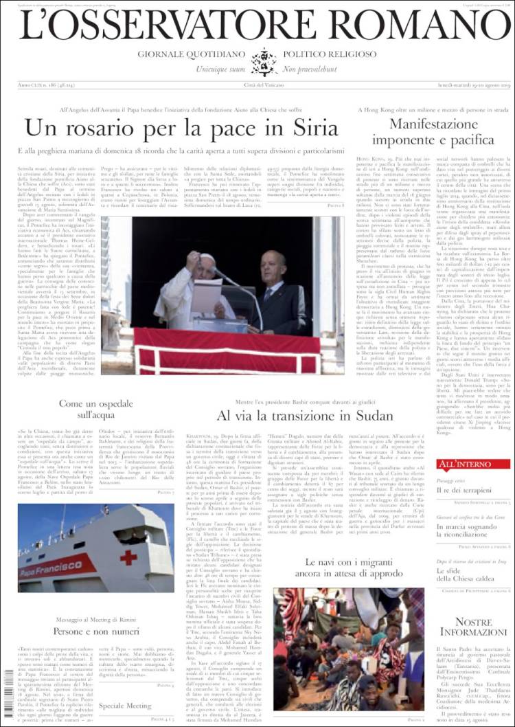 Portada de L'Osservatore Romano (Italia)