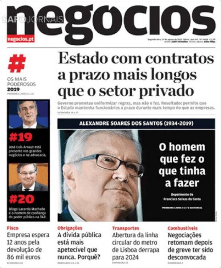 Portada de Jornal de Negócios (Portugal)