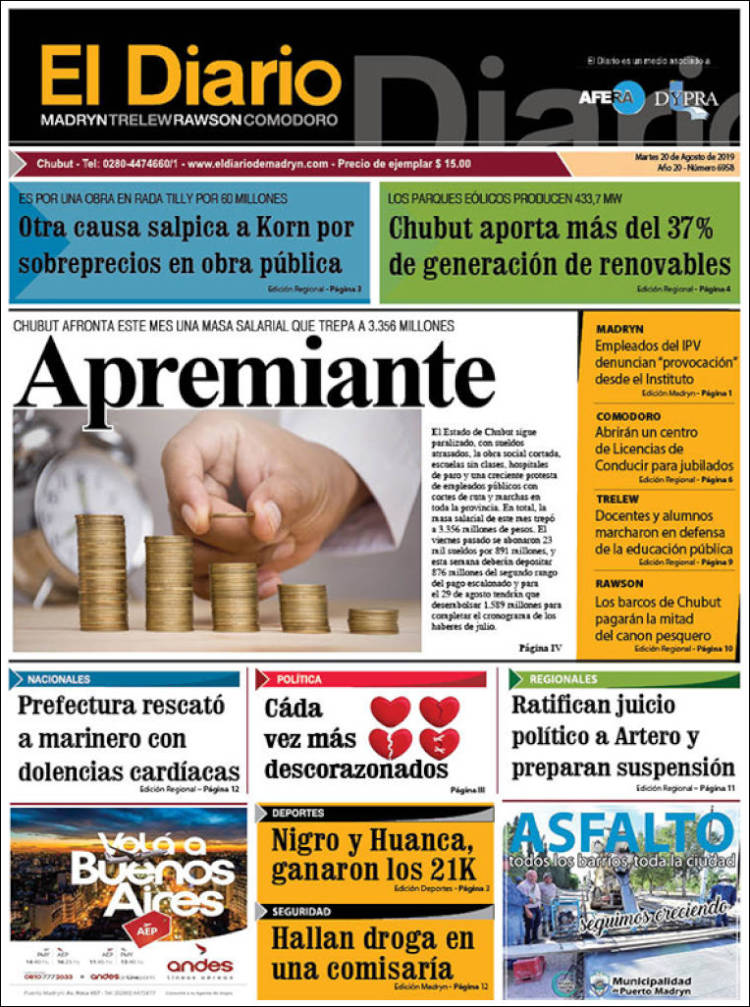 Portada de El Diario de Madryn (Argentina)