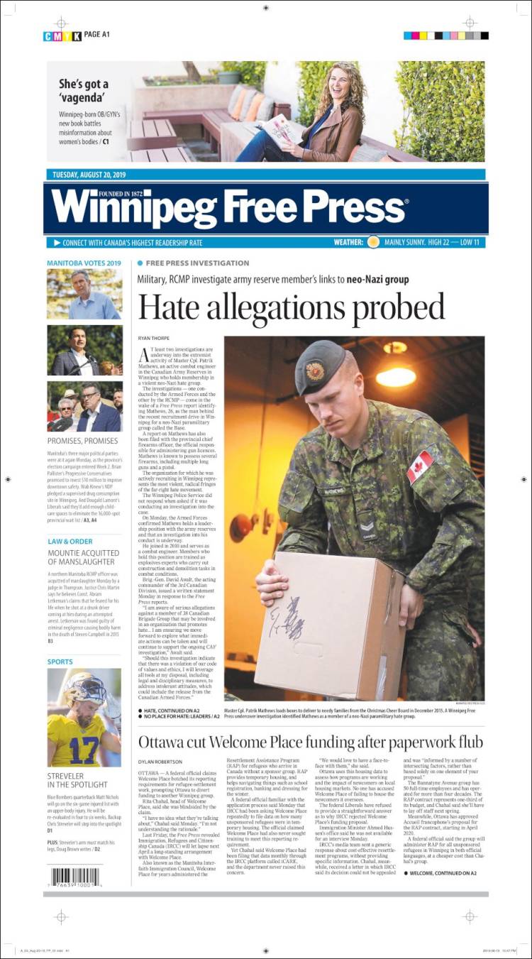 Portada de Winnipeg Free Press (Canada)