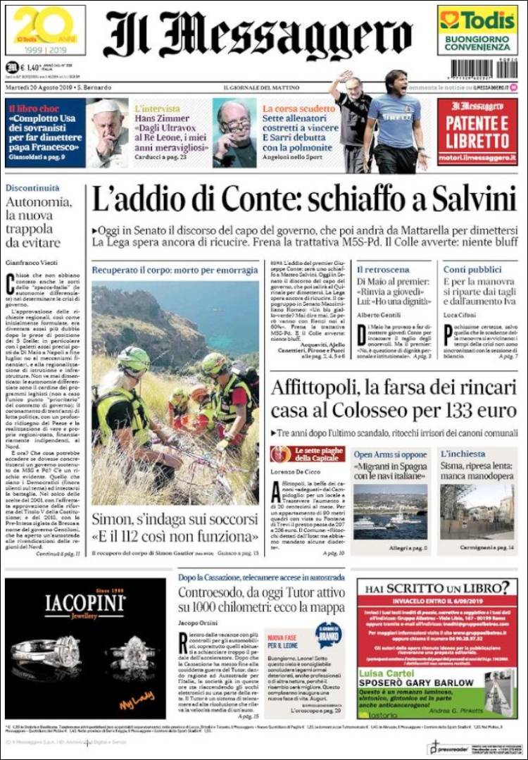 Portada de Il Messaggero (Italia)