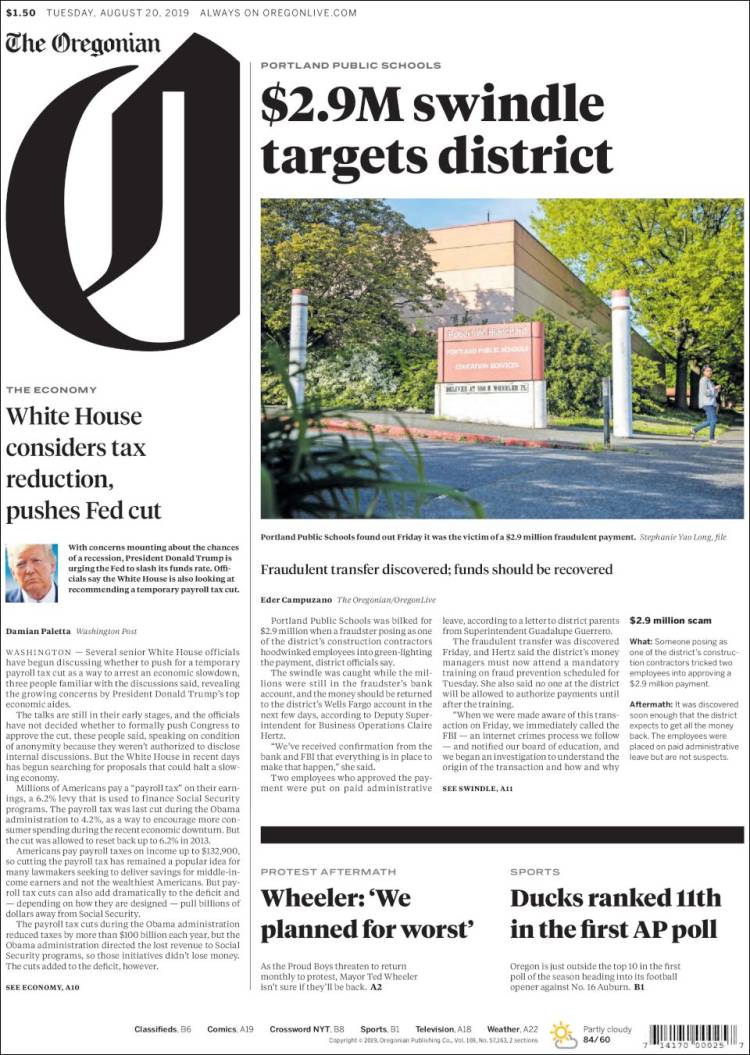 Portada de The Oregonian (USA)